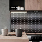 Wood & grey kitchen with Obsidian Black Glass Brick Tile backsplash