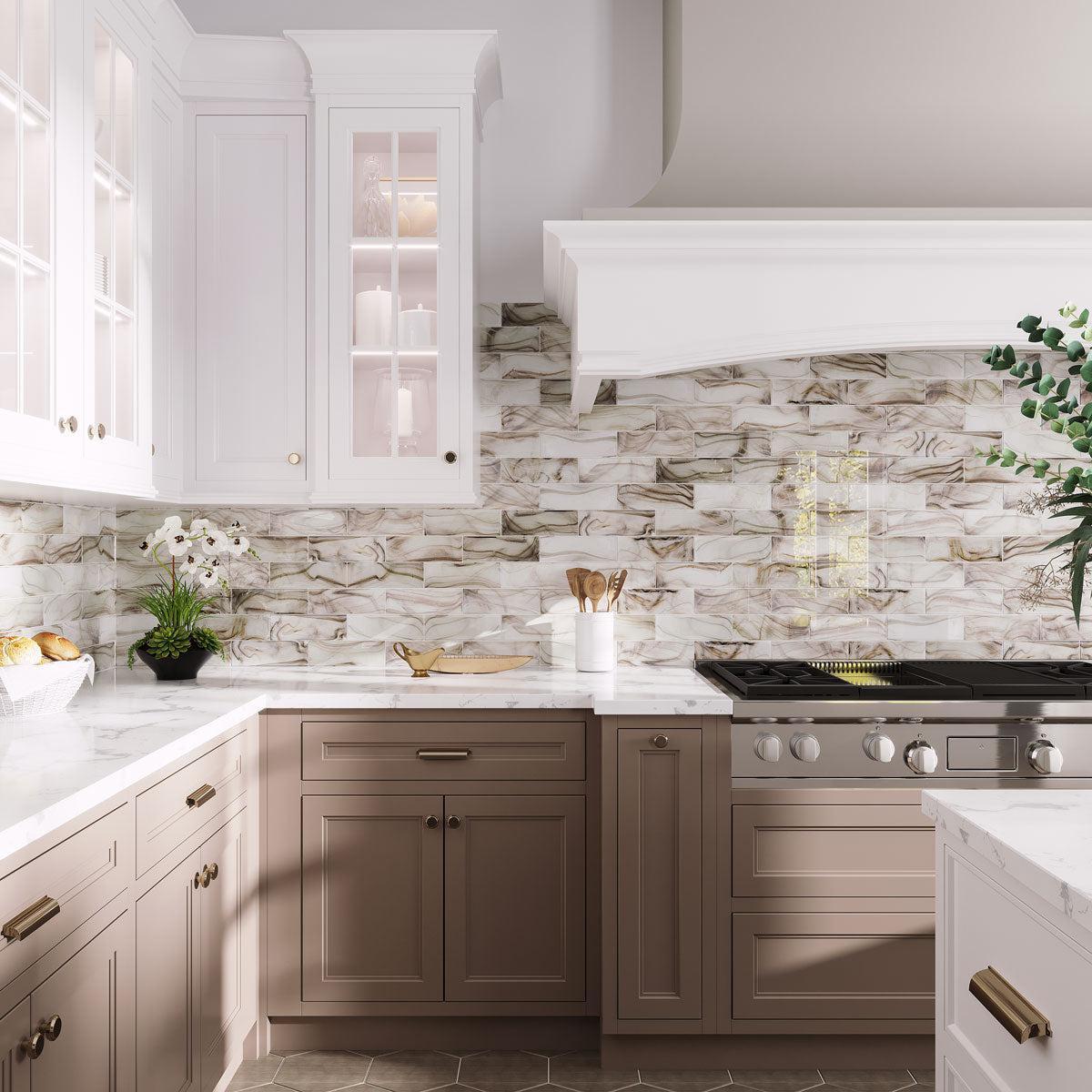 White and beige kitchen with handpoured artisan glass subway tiles