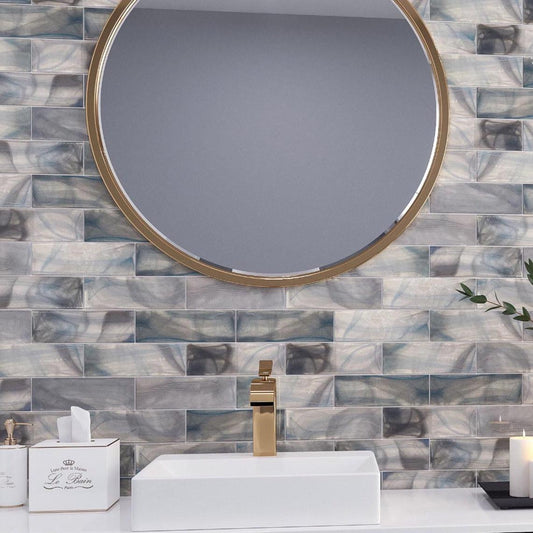 Sea Glass Blue 3X9 Tile with Wood and Gold Bathroom Decor for a Modenr Subway Tile Bathroom Backsplash