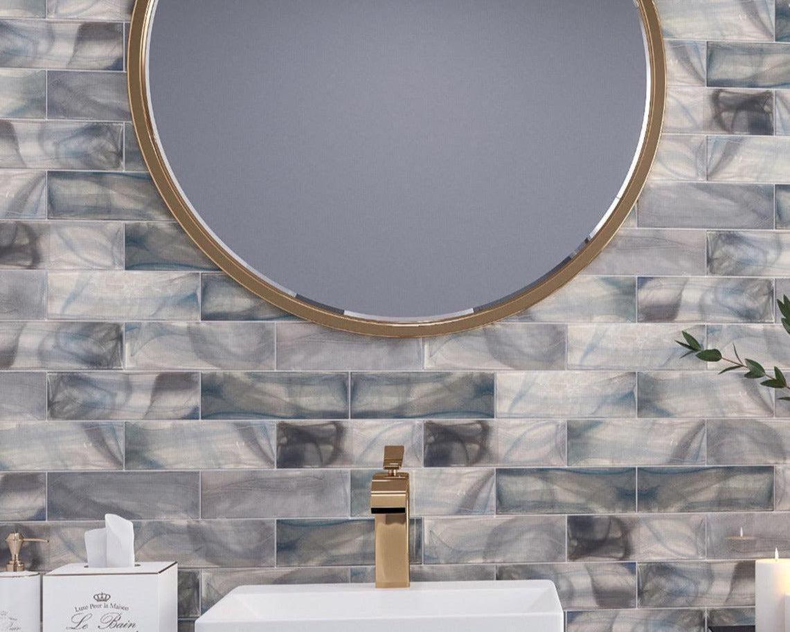 Sea Glass Blue 3X9 Tile with Wood and Gold Bathroom Decor for a Modenr Subway Tile Bathroom Backsplash