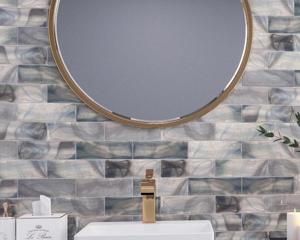 Sea Glass Blue 3X9 Tile with Wood and Gold Bathroom Decor for a Modenr Subway Tile Bathroom Backsplash