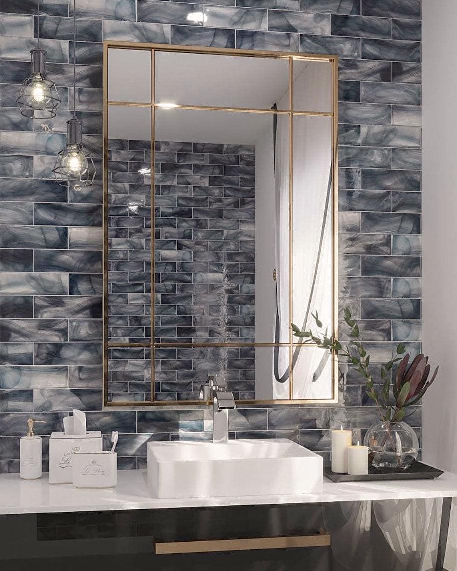 Blue and gold bathroom with Sea Glass Subway Tiles