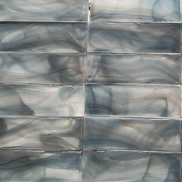 Glass Subway Tiles with Hand Poured Swirls in Blue