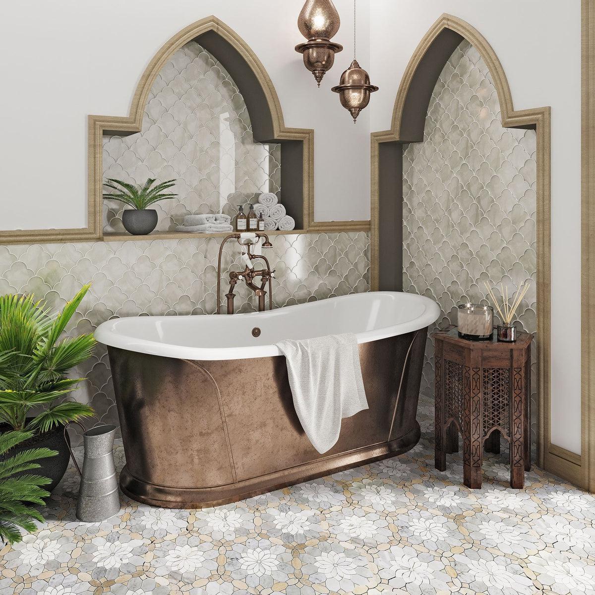 Mediterranean bathroom decor with glass tile wall