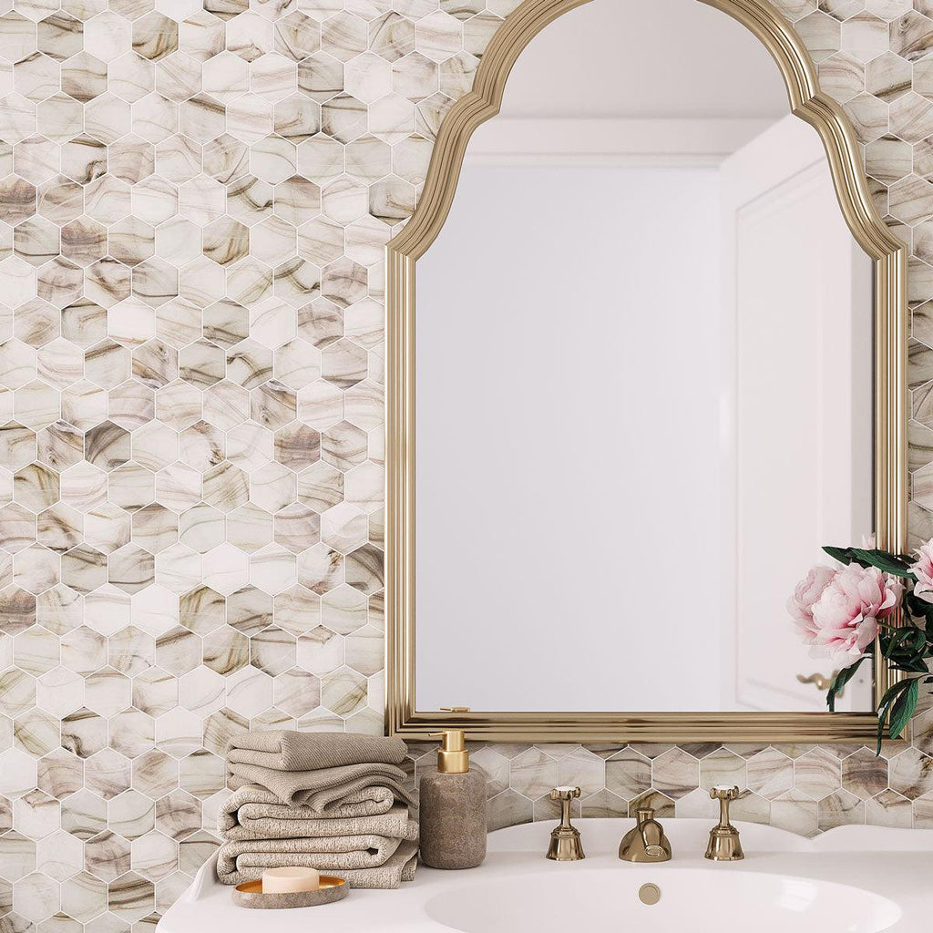 Sea Glass Hexagon Amber Mosaic Tile