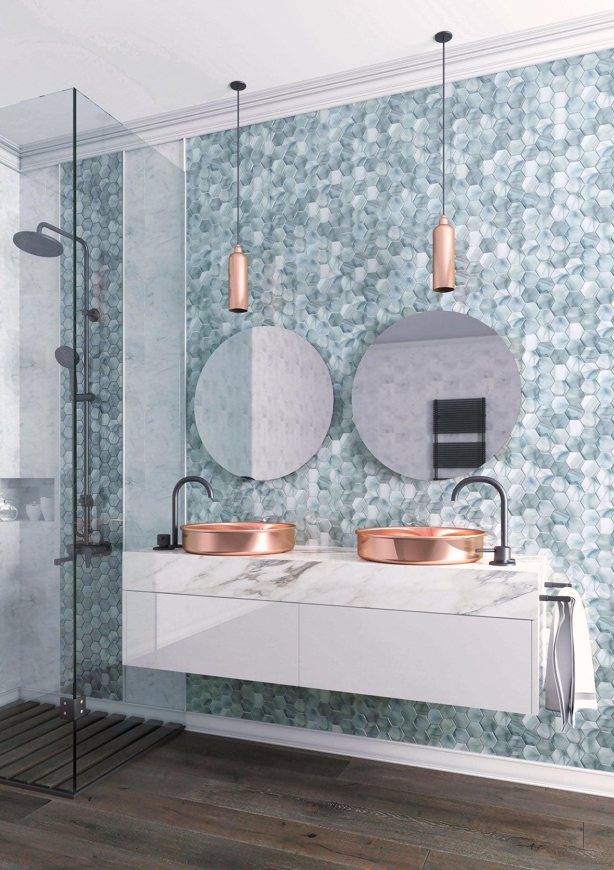 Sea Glass Hexagon Blue Mosaic Vanity Backsplash with Copper Fixtures