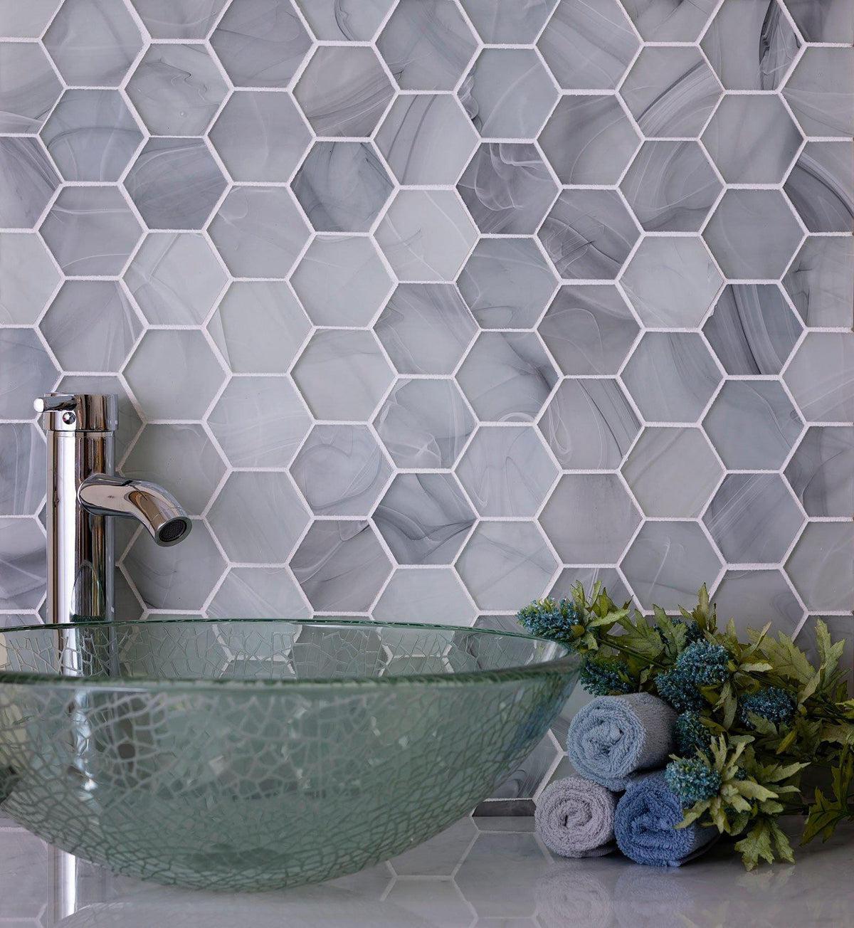 9.1" x 10.5" Sea Glass Hexagon Grey Mosaic Tile | Tile Club