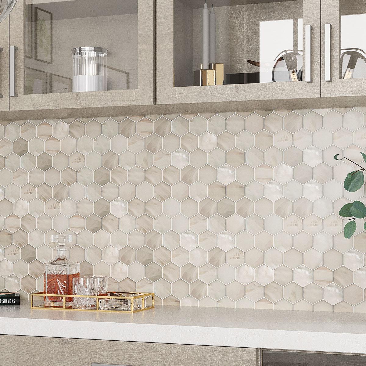 Sea Glass Hexagon Platinum White Mosaic Tile backsplash