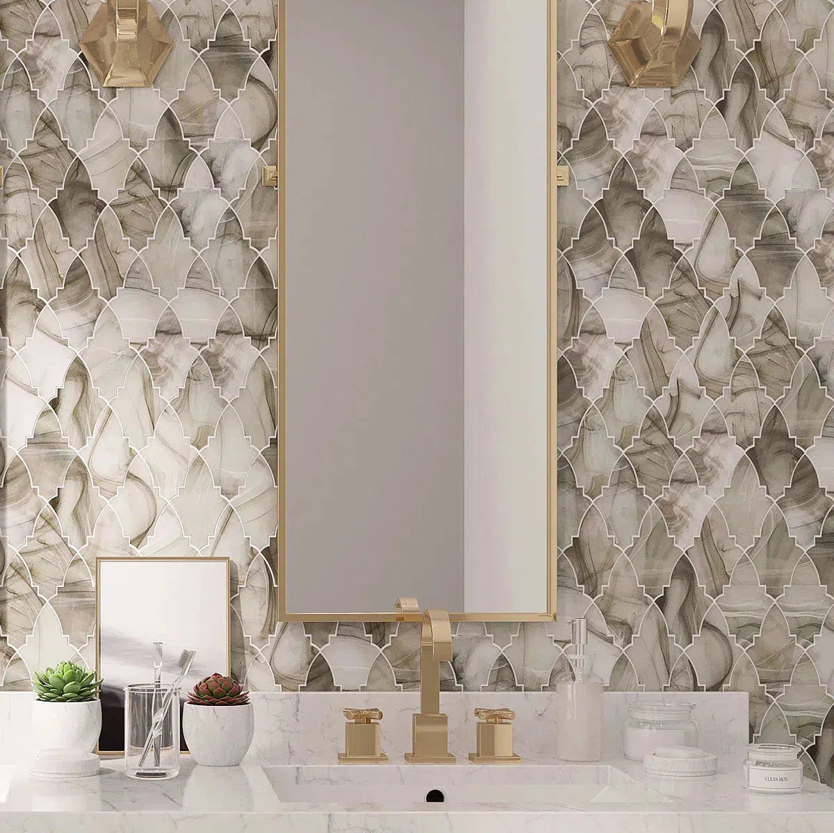 Sea Glass patterned tiles for a luxurious bathroom vanity backsplash