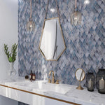 Sea Glass Louvre Blue Mosaic Bathroom Vanity Tile with Brass and Marble Details