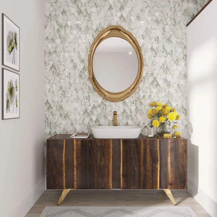 Sunny yellow and gray bathroom with Sea GLass mosaic tiles
