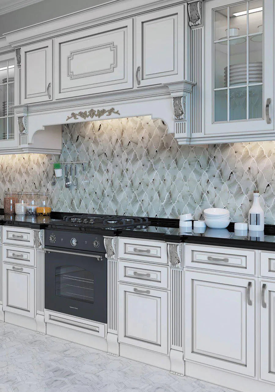 French Country Cottage Kitchen with Sea Glass Louvre Grey Mosaic Tile