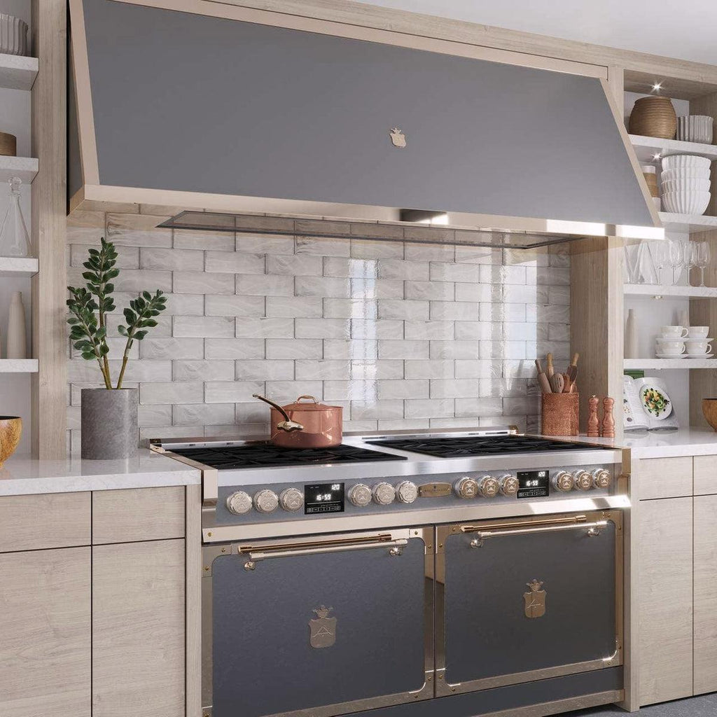 Sea Glass Subway TIle Kitchen Backsplash with Platinum and Copper Accents