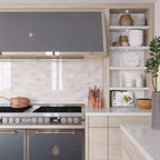 Freshen up a subway tile backsplash with Platinum sea glass tiles behind your stove