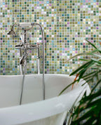 Olive Green Iridescent Mixed Squares Glass Tile Bathroom Backsplash