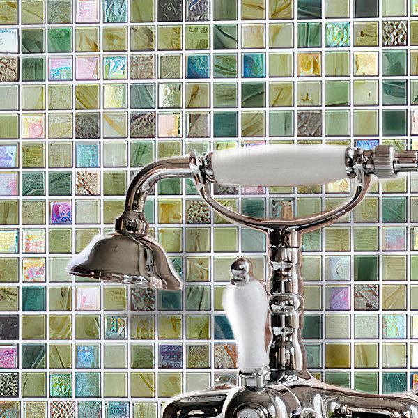 Olive Green Iridescent Mixed Squares Glass Tile Bathroom Backsplash