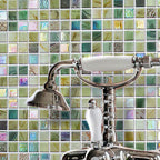 Olive Green Iridescent Mixed Squares Glass Tile Bathroom Backsplash