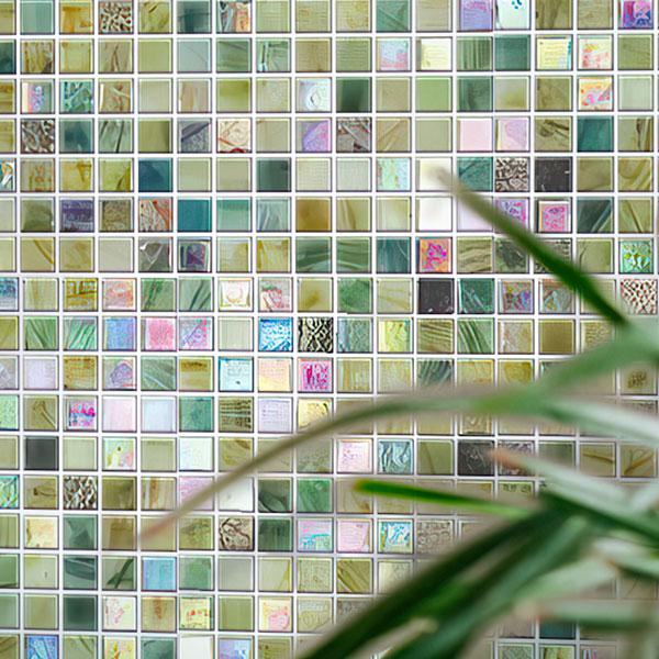 Olive Green Iridescent Mixed Squares Glass Tile Bathroom Backsplash Close-up