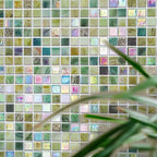 Olive Green Iridescent Mixed Squares Glass Tile Bathroom Backsplash Close-up