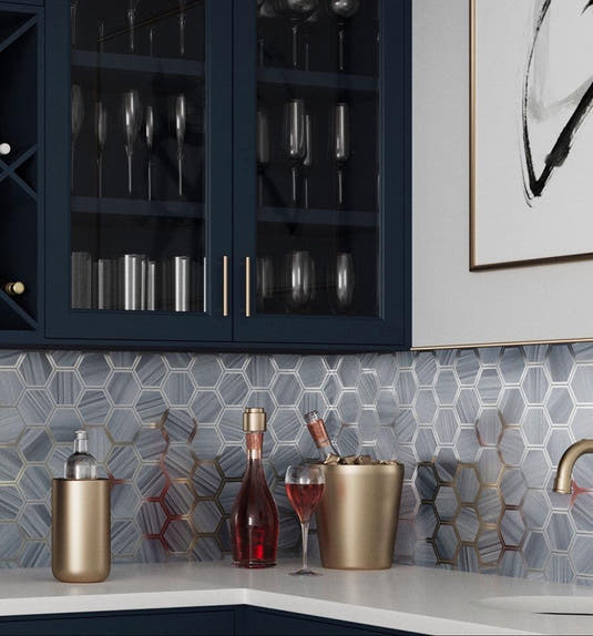Opal Marbled Glass Hexagon Mosaic Tile Bar Backsplash with Metallic Gold and Silver