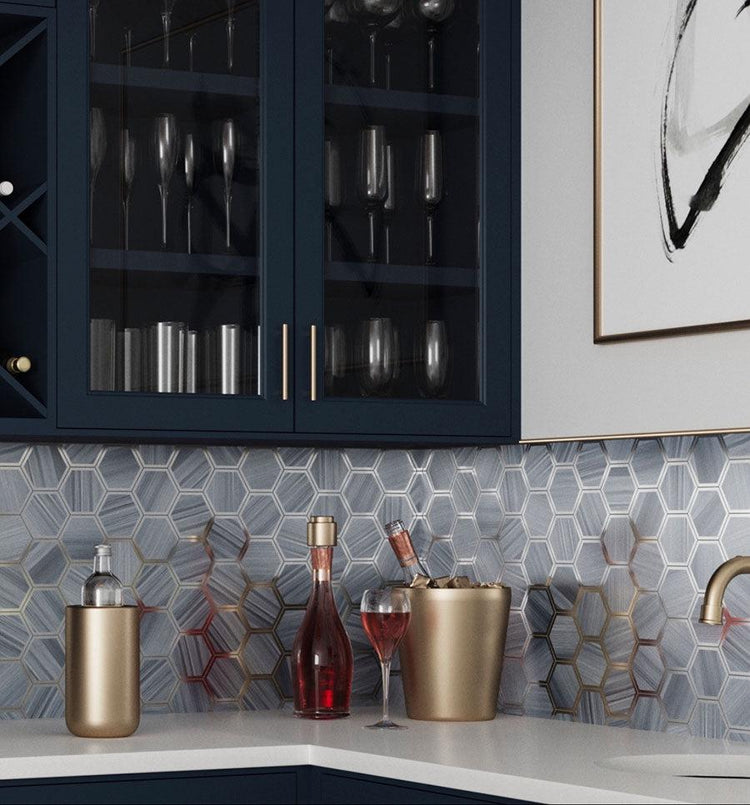 Opal Marbled Glass Hexagon Mosaic Tile Bar Backsplash with Metallic Gold and Silver