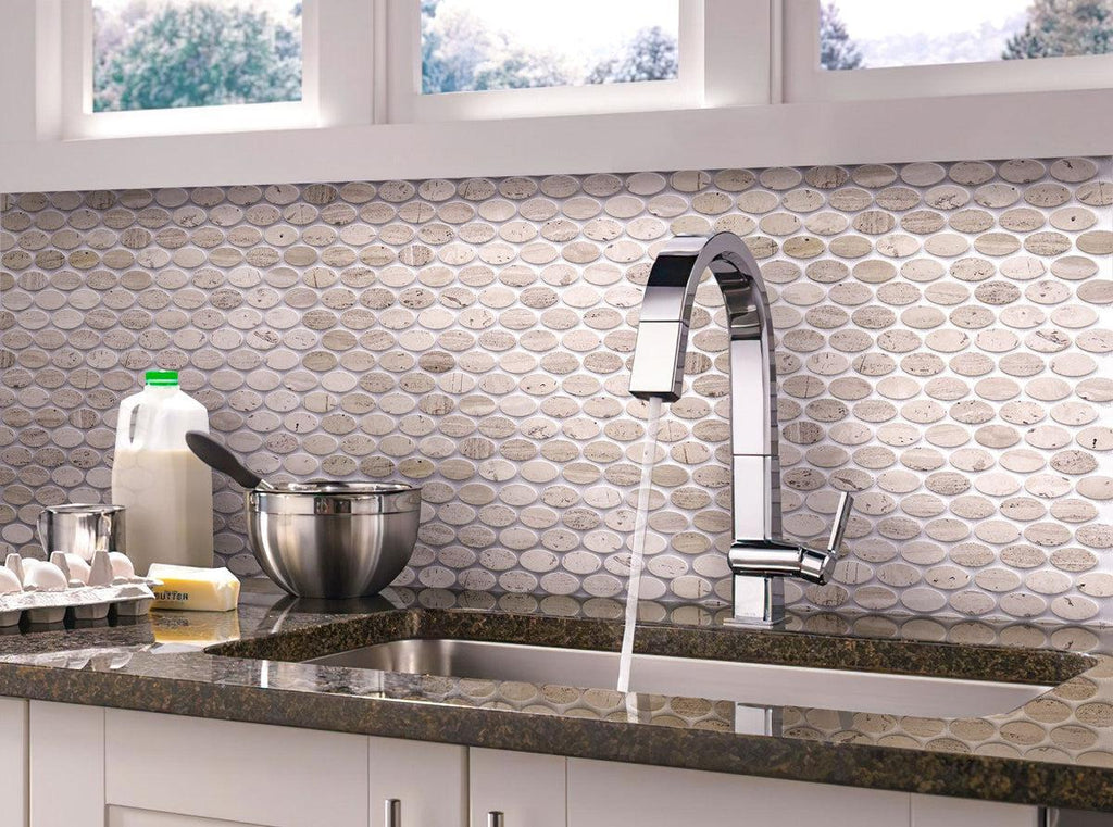 Wood look oval tile kitchen backsplash