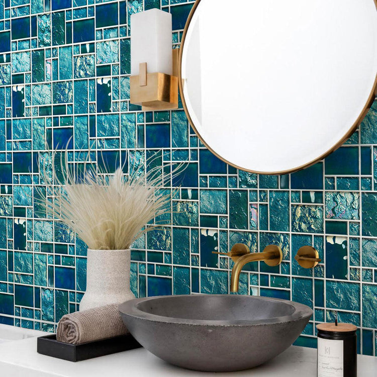 The Pacific Turquoise Square Pattern Glass Mosaic adds a vibrant pop of color