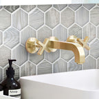 Golden Faucet on Painted Wood Hex Blue Bathroom Backsplash