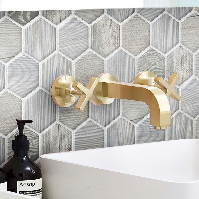 Golden Faucet on Painted Wood Hex Blue Bathroom Backsplash