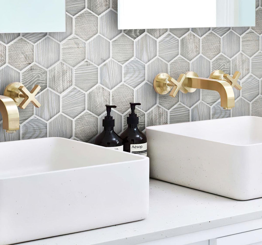 Painted Wood Hex Blue Wall in Bathroom of White & Gold