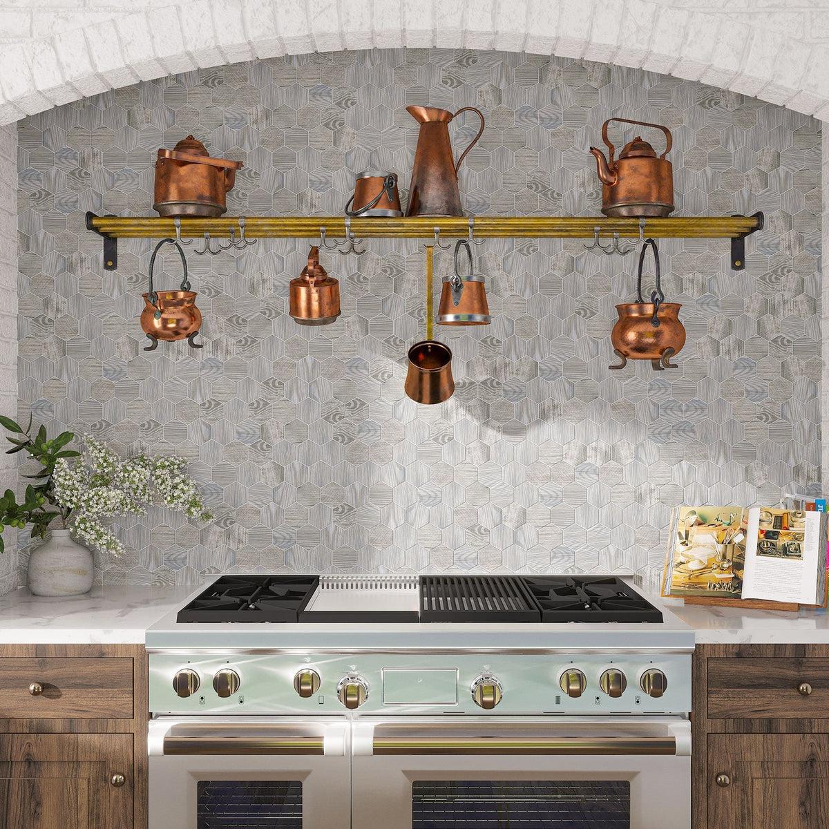 Blue gray hexagon porcelain kitchen backsplash tile