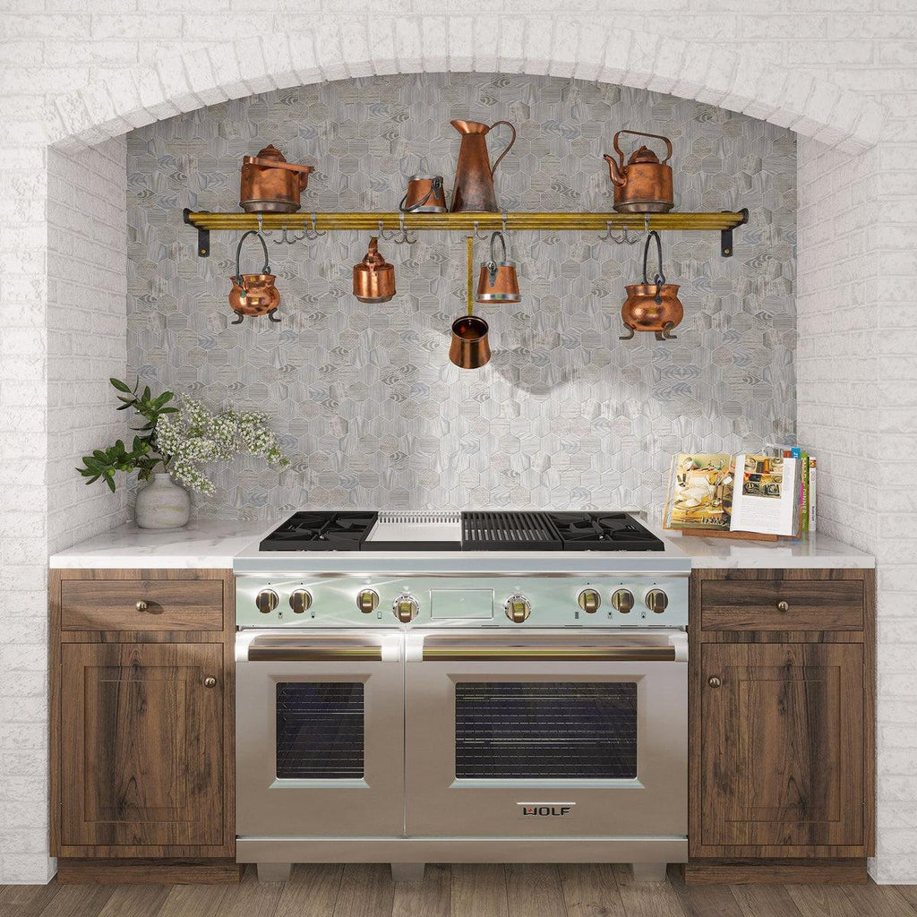 Wood look porcelain hexagon kitchen backsplash tile over the stove