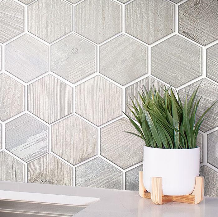 Decorative Pot with Grass on Painted Wood Hex White Wall Background