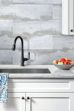 Painted Wood White Wall in White Kitchen with Black Tap