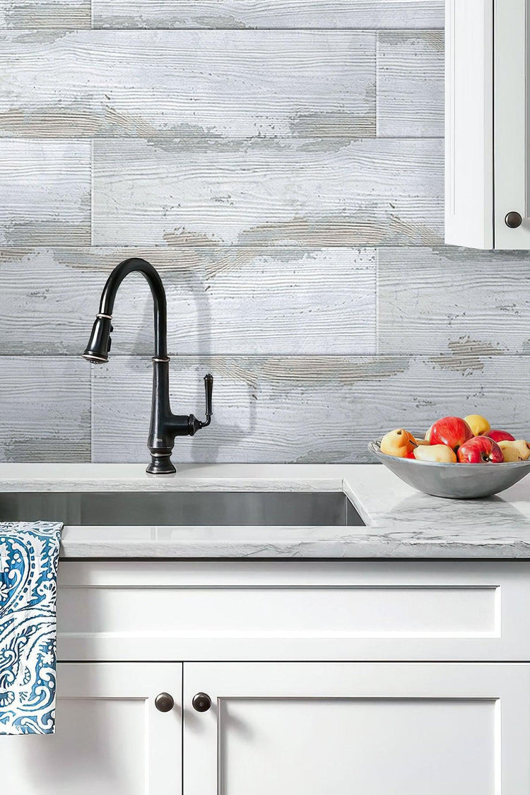 Painted Wood White Wall in White Kitchen with Black Tap