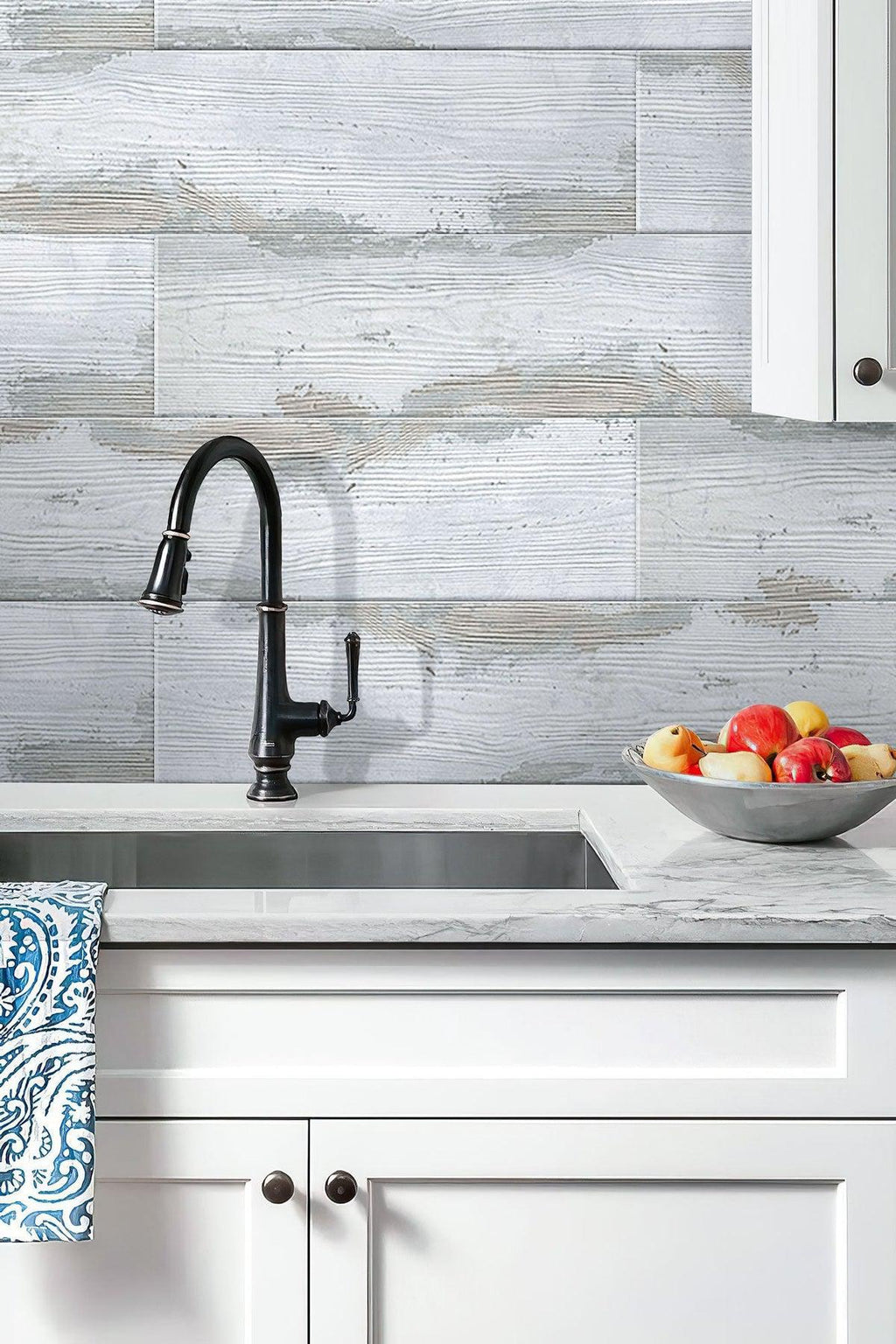 Painted Wood White Wall in White Kitchen with Black Tap