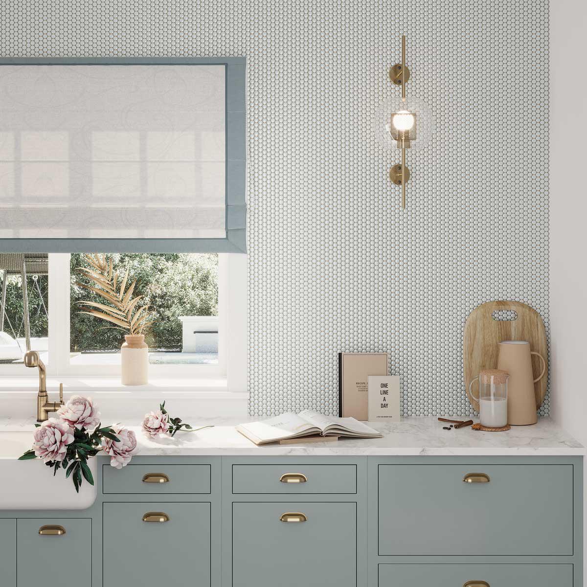 Pale Blue Buttons Porcelain Penny Round Tile backsplash