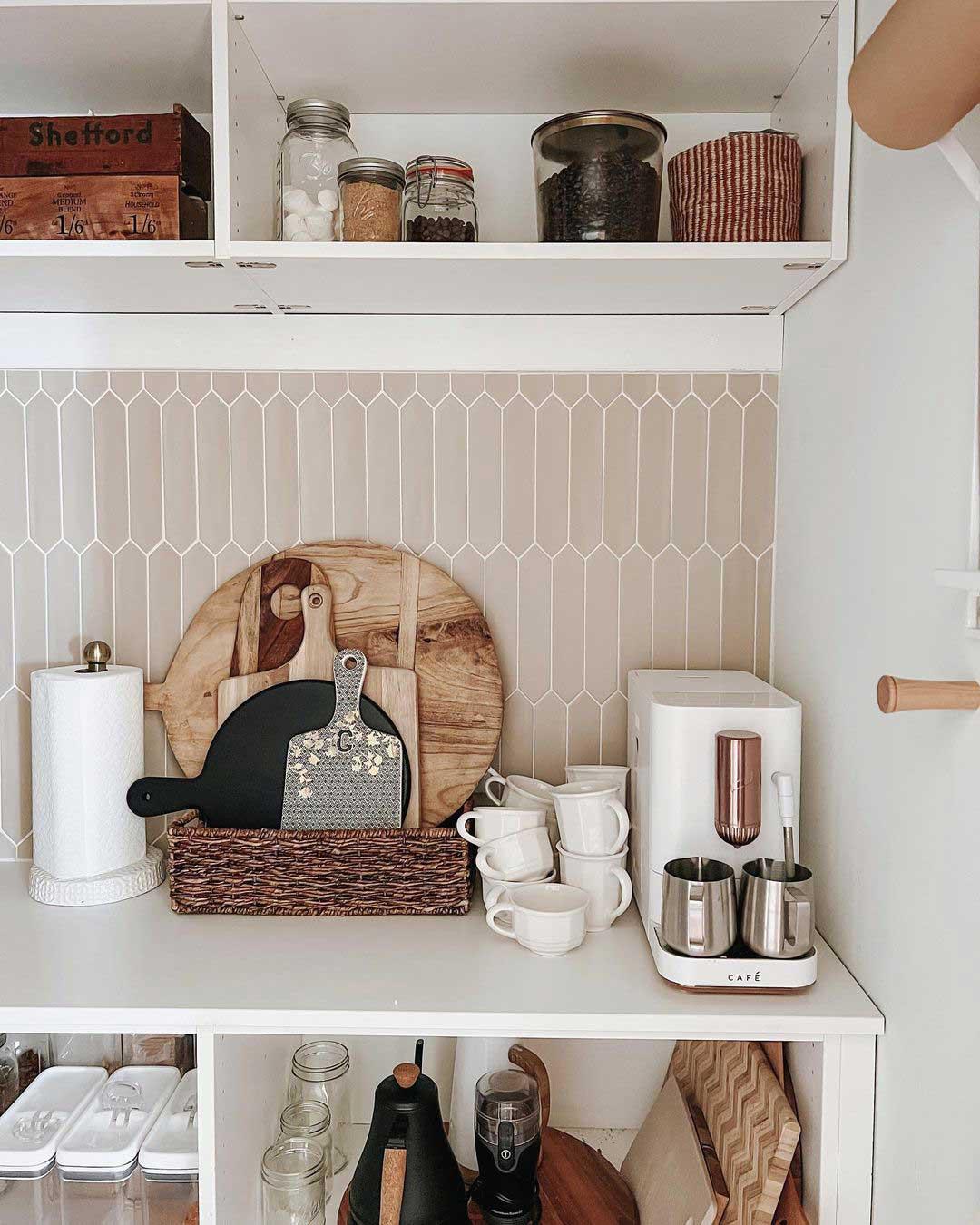 Call it Christian Pantry Backsplash with Neutral Picket Ceramic Tiles