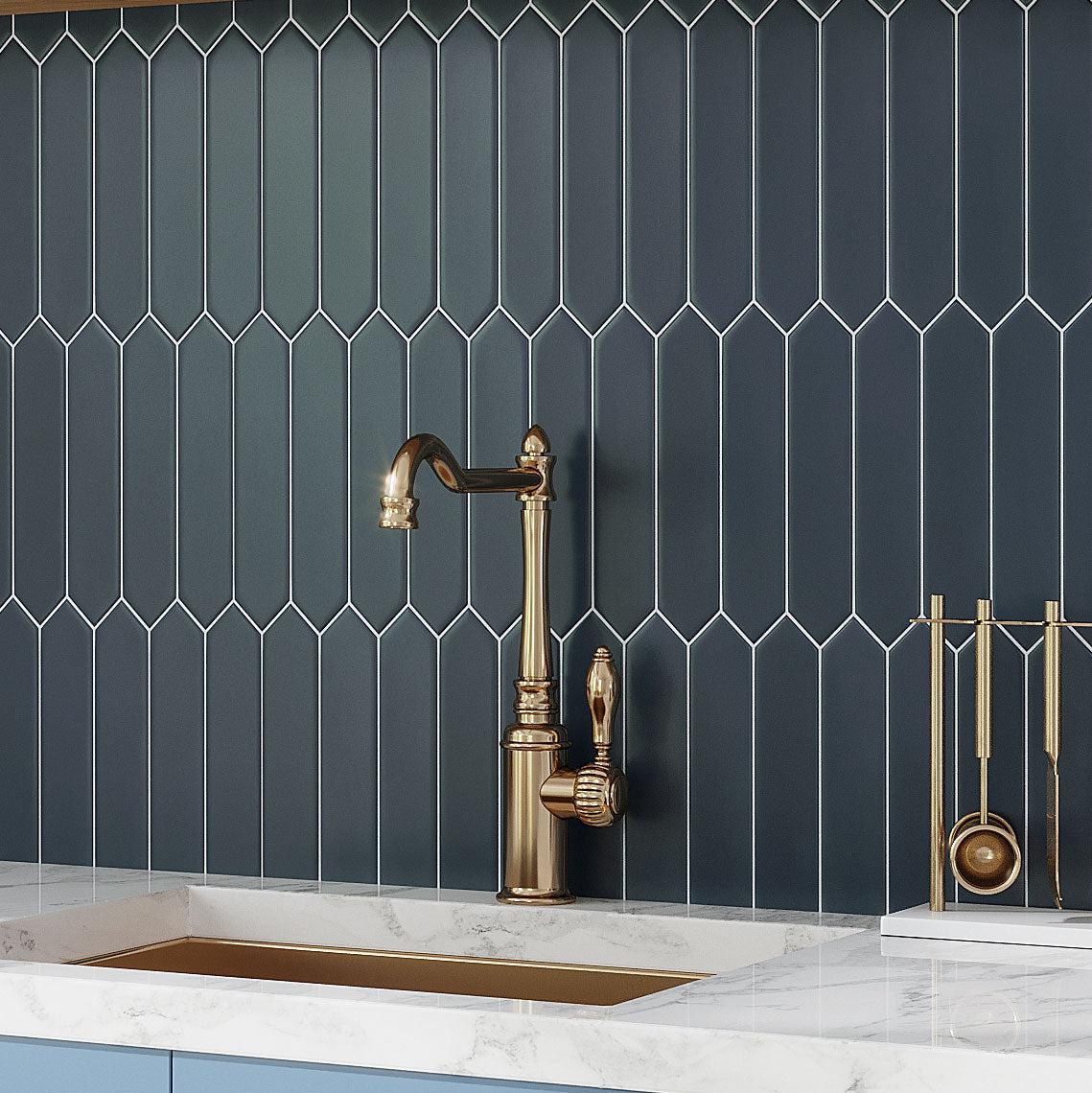 Palisades Navy Picket Ceramic Tile Backsplash with Brass Fixtures