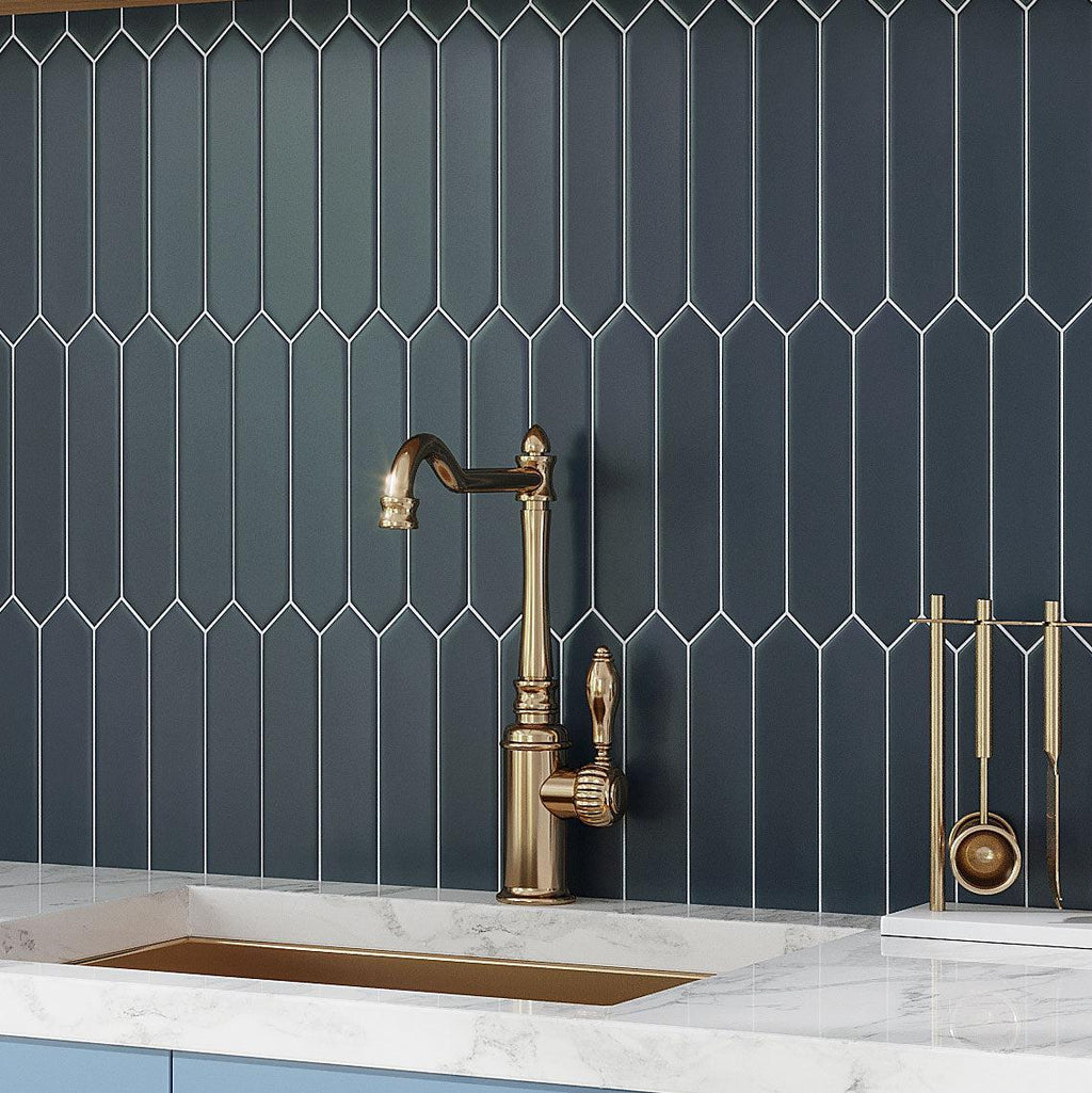 Palisades Navy Picket Ceramic Tile Backsplash with Brass Fixtures