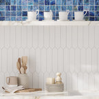 Palisades White Picket Ceramic Tile Backsplash for a White and Wood Kitchen