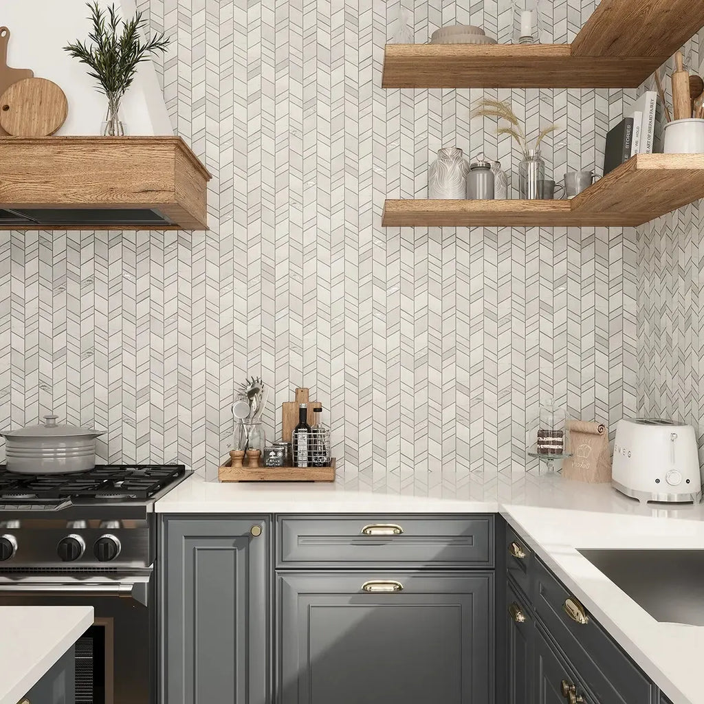 Panorama Gray Marbled Herringbone Mosaic | Tile Club