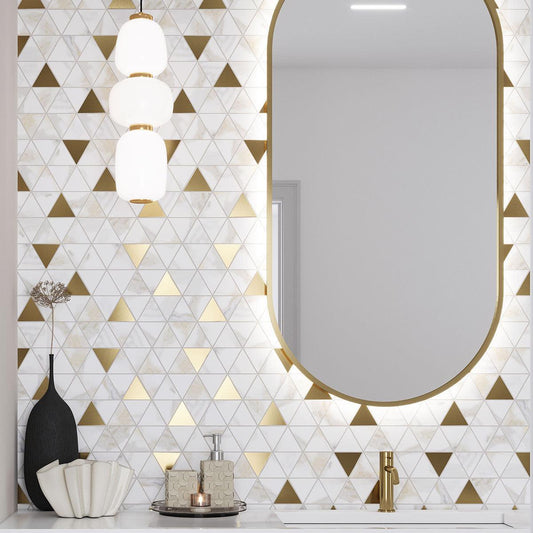 Panorama White Marbled Triangle Mosaic Bathroom Backsplash