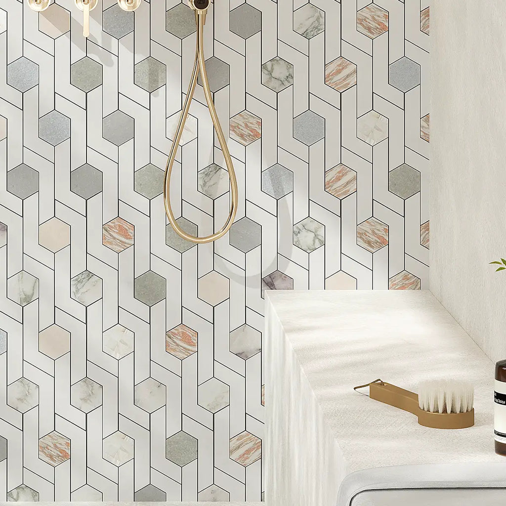 Pastello Hexagon Geometric Marble Mosaic Tile | Tile Club