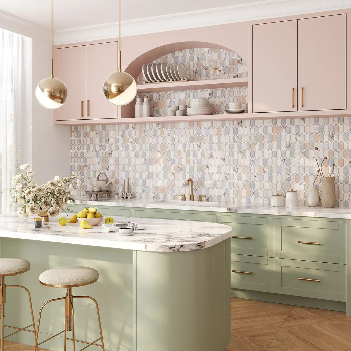 Playful pastel kitchen full of natural light and colorful marble mosaic tile backsplash in an oval pattern