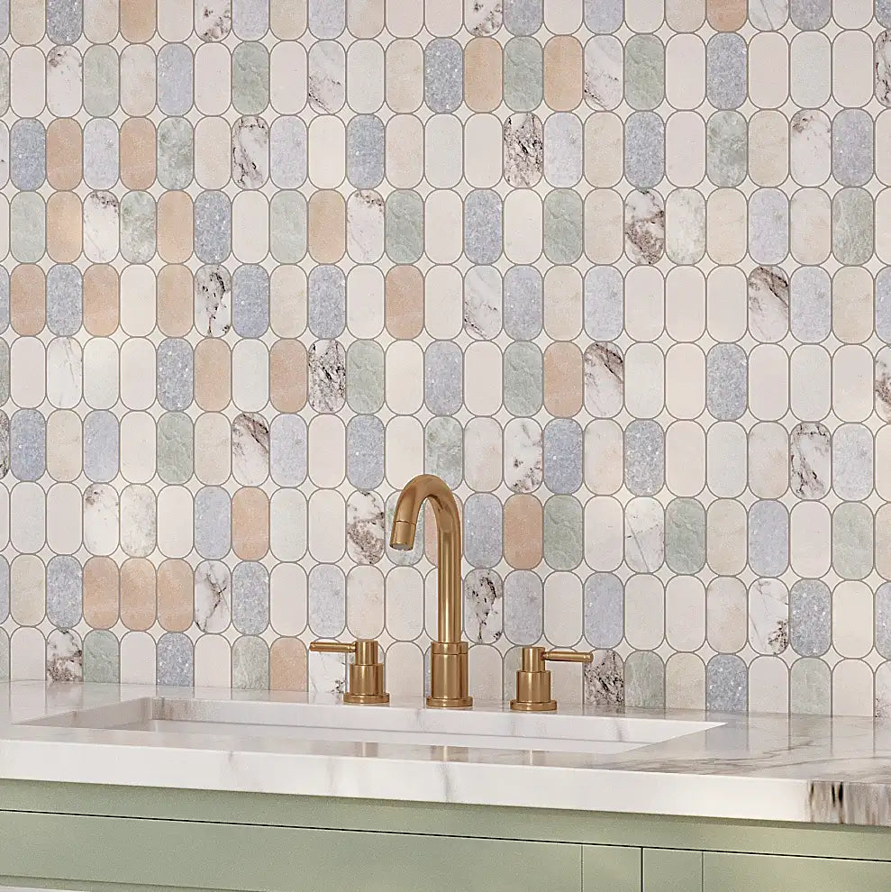 Pastel marble oval mosaic tile for a naturally colored kitchen backsplash as well as floors and showers