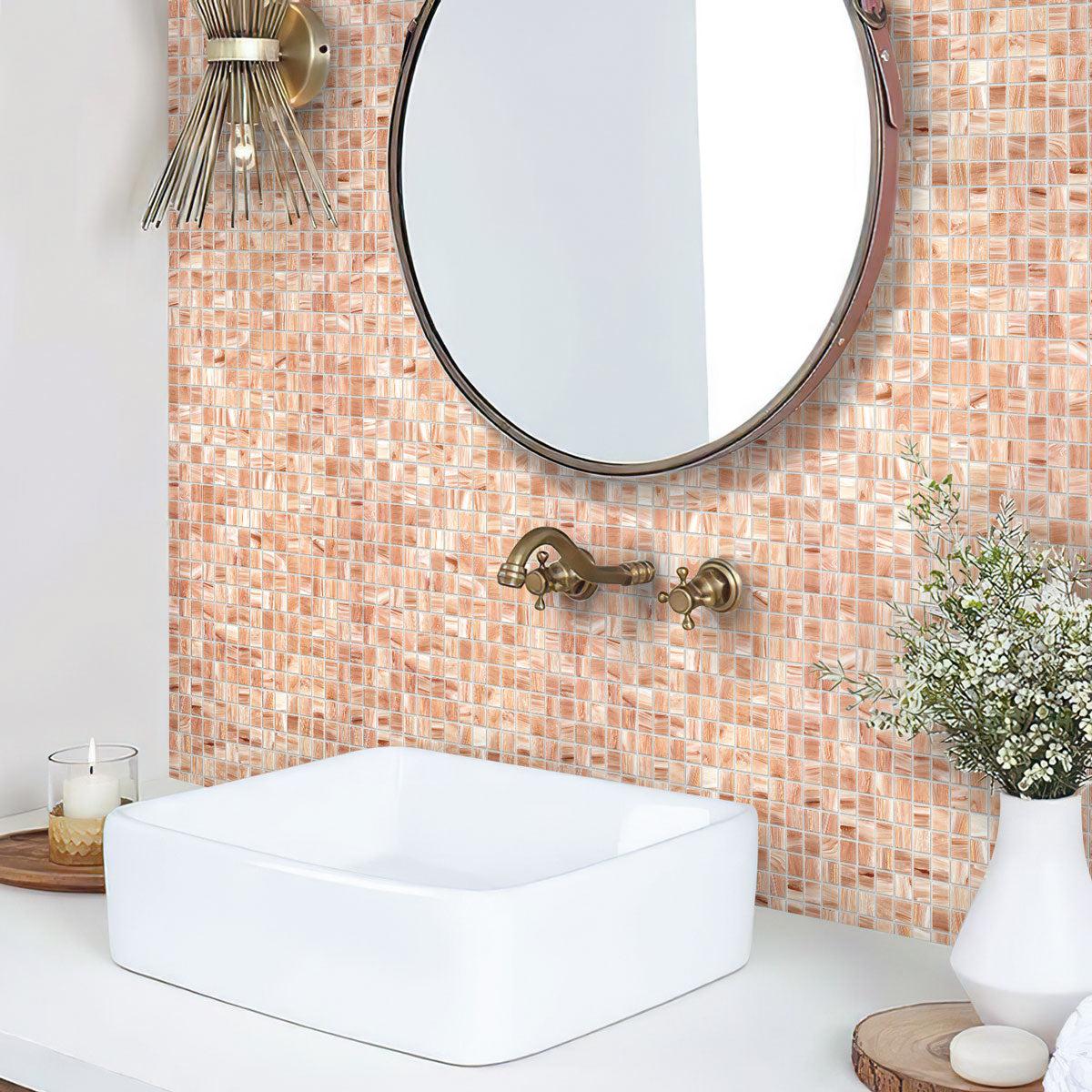 Gorgeous bathroom featuring Peaches & Cream Swirls Squares Glass Pool Tile