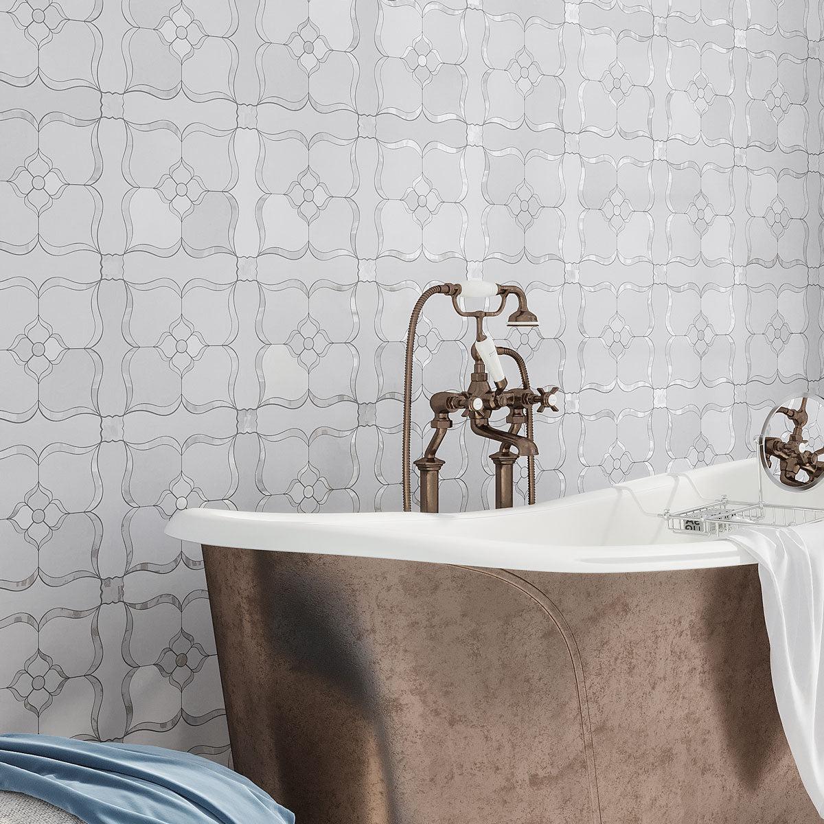 Pearl Flower White Marble & Mother Of Pearl Waterjet Mosaic Tile | Tile Club