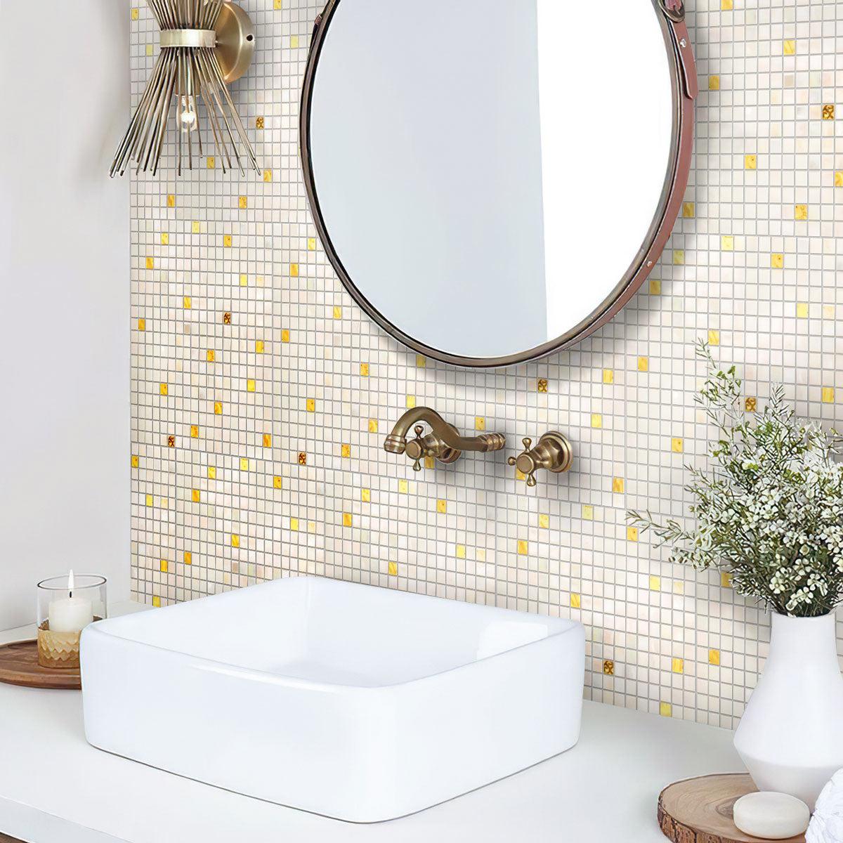 Pearl & Gold Mixed Squares Glass Tile Bathroom Wall