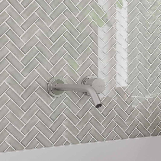 Pearl Gray Herringbone Glass Tile Bathroom Wall